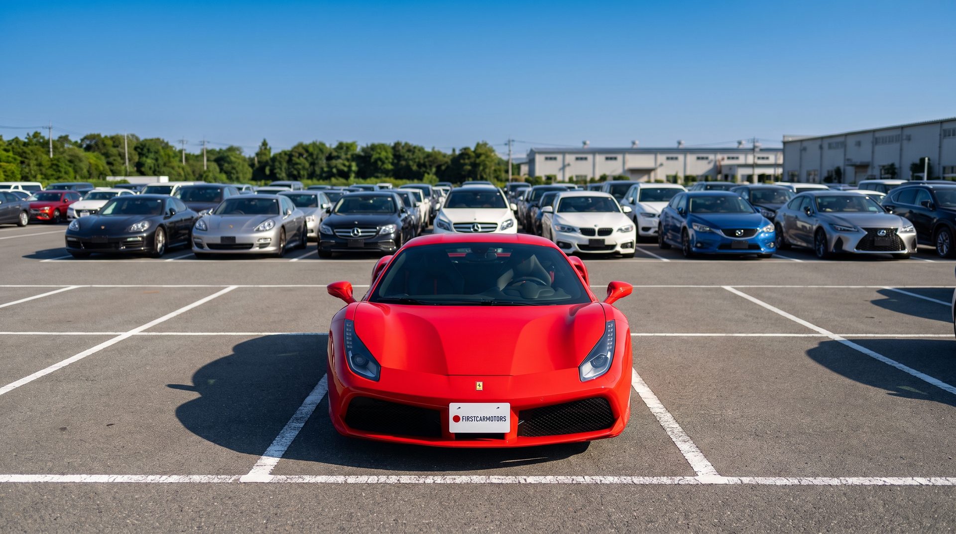 Roter Ferrari 488 auf einem japanischen Auktionsgelände